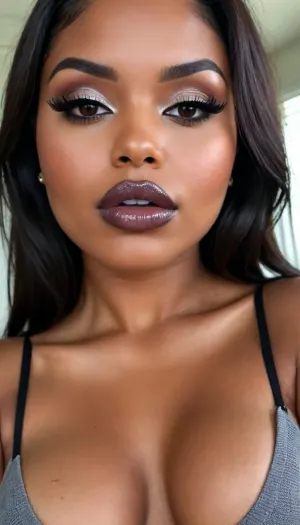 Insanely detailed photo of an 28 years old latin woman, dark skin woman, ((curvy body)), Close-up girl, ((round face)), (((brown skin))), (((full lips))), (((grey lipstick))), small cute nose, standing, face, (((round elastic medium breasts))), (((straight hair))), (((black iron-flattened hair))), (((oiled skin))), (detailed black eyes), (((slut makeup))), round earrings, green necklace, long big thick, (high resolution image), (perfect face), sexy, beauty, (ultra realistic:1.7), (maximum quality:1.5), (high resolution:1.7), (extreme detail:1.5), (ultra realism:1.6), 8k, he, photo was taken by Canon Eos, (maximum detailed skin:1.6), (((I was offended))), melanin, <lora:BUT_SDXL_SHS:.8>, <lora:melanin-XL:2>