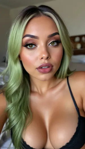 (1woman), 28 years old, ((curvy body)), Close-up girl, latin woman, ((round face)), (((brown skin))), (((full lips))), grey lipstick, closed mouth, small cute nose, standing, face, (((round medium breasts))), (((flat long olive green hair))), (((oiled skin))), (detailed black eyes), (((slut makeup))), long big thick, (high resolution image), (perfect face), sexy, beauty, (ultra realistic:1.7), (maximum quality:1.5), (high resolution:1.7), (extreme detail:1.5), (ultra realism:1.6), 8k, he, photo was taken by Canon Eos, (maximum detailed skin:1.6), (((I was offended))), melanin, <lora:BUT_SDXL_SHS:.8>, <lora:melanin-XL:2>