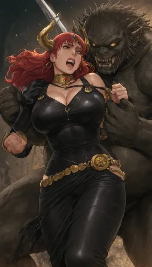 Claudette Vance from queen's blade series, iconic black outfit, sweating, crying, wet body, ultra detailed, she's suffering, high resolution, teeth clenched, uncensored, hyper-detailed outfit, Oda non style and azasuke wind art style, oda_non art style and azasuke_wind art style, ge., sword broken, a fat monsters, fighting against a monster, large movement, punch, defending herself, struggling, trying to escape, <lora:add-detail-xl:2>, <lora:shinkiro_XL_v2:2>, <lora:style61-a31-000015:2>