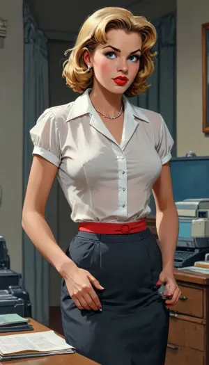(in Mort Künstler art style), (in style of old vintage comics from 1930-1950s), competent secretary, 1950's outfit, sheer white blouse, (massive nipples sticking under clothes:1.2), black skirt, 1950's pinup style photo, (1950s entourage and setting:1.6), (1950s vintage color photography:1.6), full-body view, <lora:comix-000013:1.4>, <lora:CoMIX:1.4>, <lora:Comic_XL_V2:.5>, <lora:BUT_SDXL_SHS:1.4>