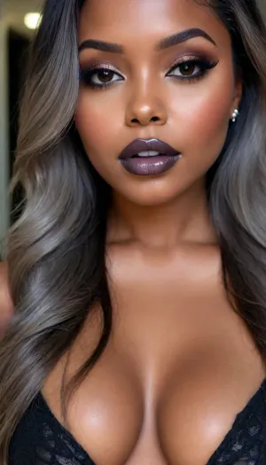 Insanely detailed photo of an 28 years old latin woman, dark skin woman, ((curvy body)), Close-up girl, ((round face)), (((brown skin))), (((full lips))), (((grey lipstick))), small cute nose, standing, face, (((round medium breasts))), (((straight hair))), (((black iron-flattened hair))), (((oiled skin))), (detailed black eyes), (((slut makeup))), round earrings, green necklace, long big thick, (high resolution image), (perfect face), sexy, beauty, (ultra realistic:1.7), (maximum quality:1.5), (high resolution:1.7), (extreme detail:1.5), (ultra realism:1.6), 8k, he, photo was taken by Canon Eos, (maximum detailed skin:1.6), (((I was offended))), melanin, <lora:BUT_SDXL_SHS:.8>, <lora:melanin-XL:2>