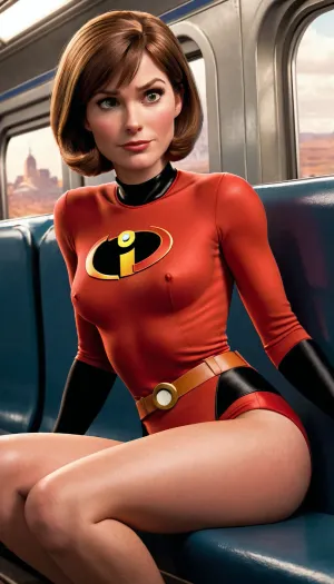 Helen Parr from the incredibles, helen parr outfit, young pretty face, ((small breasts exposed)), sitting leaning back with legs spread wide showing pussy, on a train, cartoon style drawing
