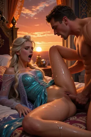 Fantasy sunset settings, cgi Render with imperfections saturated orange colors Style, deep saturated orange rim light, (maximum quality:1.5), (high resolution:1.5), (self confident 28 years old Princess Elsa), lying naughty in bed, naughty moaning facial expression, long hair, side view, her handsome masculine lover pulls out penis from her vagina and he is coming onto her wet gasping labia, detailed palace bedroom