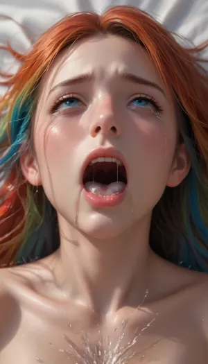 (Pov, zoom in on face, long Rainbow colored hair, ((ultra-realistic)), ((hyper-detailed)), best quality, masterpiece, soft lighting, soft, (over-detailed), (screaming, squirting, shaking orgasm, eyes up, eyes rolling, painful orgasm face, drooling, crying, tears), soft shadows, high quality, ((Human)), ((human body, human pussy, human anus)), (cream pie), cum, cumming inside deep vagina, (thick meaty vagina), (penis inside pussy), human large penis, (background bed), ruined, makeup)