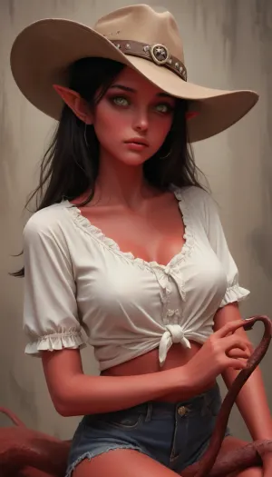 A succubus cowgirl riding rodeo alluringly wild west style. Cowboy hat and tied together blouse over big tits. Demon red skin color. slitted pupils. Pointy ears. Black hair, satanic DonMD3m0nXL, <lora:DonMD3m0nXL-000010:.8>