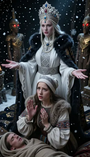 A masterpiece, of the highest quality, in the “dark fantasy” style, on a monumental scale. In the foreground is a mortal Slavic woman, kneeling in deep sorrow, dressed in an antique traditional folk costume, a patterned linen shirt, a heavy woolen coat, and a headdress known as a povoynik. Her hands are raised to her chest in a desperate gesture of supplication, and a tear rolls down her cheek. Before her lies the body of the deceased, wrapped in a traditional shroud. Morana, the ancient Slavic goddess of night, winter, and death, towers majestically above them, accepting their prayer. Morana is a monumental figure with pale skin, wearing a snow-white, heavy gown with silver geometric embroidery and long, flowing sleeves, as well as a rich dark cloak trimmed with thick dark fur. On her head she wears a magnificent kokoshnik, adorned with precious stones and long strands of pearls framing her face. Morana’s hands are raised to her waist, palms facing upward, as she accepts the prayer of a mortal woman. Heavy snowflakes fall slowly from the dark, starless sky. In the background, ancient wooden pagan idols with glowing red eyes are visible—the guardians of the entrance to Nav.