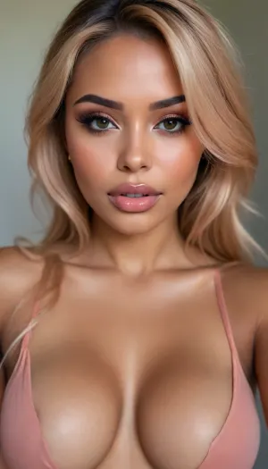 (1woman), 28 years old, ((curvy body)), Close-up girl, latin woman, ((round face)), (((brown skin))), (((full lips))), grey lipstick, closed mouth, small cute nose, standing, face, (((round medium breasts))), (((flat long peach hair))), (((oiled skin))), (detailed black eyes), (((slut makeup))), long big thick, (high resolution image), (perfect face), sexy, beauty, (ultra realistic:1.7), (maximum quality:1.5), (high resolution:1.7), (extreme detail:1.5), (ultra realism:1.6), 8k, he, photo was taken by Canon Eos, (maximum detailed skin:1.6), (((I was offended))), melanin, <lora:BUT_SDXL_SHS:.8>, <lora:melanin-XL:2>