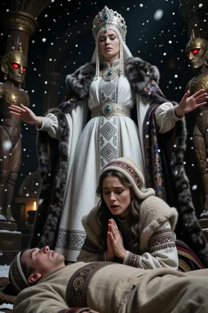 A masterpiece, of the highest quality, in the “dark fantasy” style, on a monumental scale. In the foreground is a mortal Slavic woman, kneeling in deep sorrow, dressed in an antique traditional folk costume, a patterned linen shirt, a heavy woolen coat, and a headdress known as a povoynik. Her hands are raised to her chest in a desperate gesture of supplication, and a tear rolls down her cheek. Before her lies the body of the deceased, wrapped in a traditional shroud. Morana, the ancient Slavic goddess of night, winter, and death, towers majestically above them, accepting their prayer. Morana is a monumental figure with pale skin, wearing a snow-white, heavy gown with silver geometric embroidery and long, flowing sleeves, as well as a rich dark cloak trimmed with thick dark fur. On her head she wears a magnificent kokoshnik, adorned with precious stones and long strands of pearls framing her face. Morana’s hands are raised to her waist, palms facing upward, as she accepts the prayer of a mortal woman. Heavy snowflakes fall slowly from the dark, starless sky. In the background, ancient wooden pagan idols with glowing red eyes are visible—the guardians of the entrance to Nav.