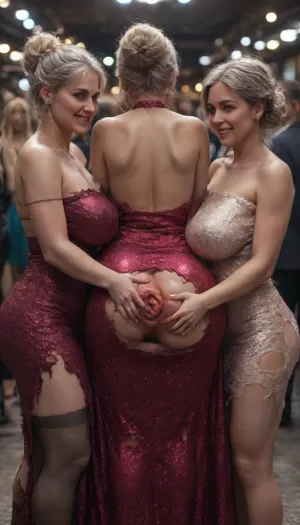 Mom, 50 yo milf, hugs with 3girls, dark-grey stockings, massive natural sagging breasts, messy platinum blonde hairstyle, extremely detailed pics, messy bun, (dark-grey stockings:1.2), slutty smirk, (torn evening sparkly burgundy dress:1.5), perfect hands, perfect 5 fingers, (family happy birthday gangbang party), (gangbang:1.5), dinner room, detention house, (gangbang with 5boys:1.4), blowjob for boy, deepthroat for boy, (big labia cameltoe:1.8), (gaping vagina:1.6), (cellulite Mom:1.2), (oiled glossyshiny skin:1.7), (cum dripping from cock:1.5), frontal view, side view, bent over, on all fours, anal position, detailed penis, big testicles, detailed ballsack, (back view massive heart-shaped huge extreme wide gaping massive cummed anal prolapse Chubby Mom surrounded by little short bodies flat chested tiny brunette 4girls:1.5), crowd of people, <lora:add-detail-xl:2>, <lora:detailed_notrigger:2>