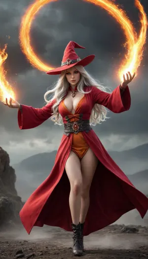 A beautiful girl with big boobs, very long silver hair, nude, shaved pussy, red mage robe, mage hat, A fierce woman stands amidst a stormy battlefield, her eyes ablaze with intensity, With a swift motion, she raises her hands, and brilliant fireballs burst forth from her palms, swirling with crackling energy, The flames flicker with shades of orange and red, casting a fiery glow around her, As she hurls the searing orbs into the air, they streak through the sky like comets, leaving trails of smoke in their wake, The ground trembles with each fiery impact, and the heat from her power radiates outward, warping the air around her, She commands the flames with precision, her every movement fueled by an indomitable will, fire, element, composed, of, elements, Rainbowiridal, Spiral, rainbowiridal, eyes, palette, Shiny..., Bright..., Intense, gaze, Fire, dragon, Amber, cat, Anthro..., woman, Genetically, modified..., <lora:Stunning_eyes_2:.8>