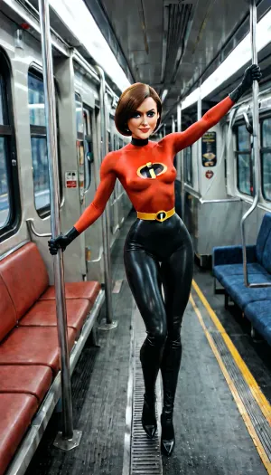 Helen Parr from the incredibles, helen parr outfit, young pretty face, ((small breasts exposed)), fighting bad guy on a train, cartoon style drawing