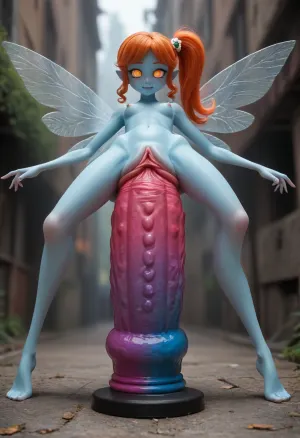 (old milf:1.11), tiny odd little pixie, long spindly arms and mantis-like proportions, no pupils, glowing eyes, anime style, blue skin, f/1.4 lens, bokeh, tiny Daisy fairy princess, insect wings, see-through gossamer, in heat, in a video game, bombshell hair, glowing ginger hair, side ponytail, handstand, (((Giant pussy BlackDildo))), hyper massive huge extreme insane pussy dildo, extreme pussy insertion, Largest dildo possible, huge pussy toy, full body view, skinny small body, Tiny body, extremely wide dildo too big for futa and stretches pussy to breaking point, hyper extreme dildo wider than her thigh, pussy dildo, extreme insertion, hyper insertion, Biggest dildo imaginable, show full body in view, <lora:EnvyPixieXL01:.8>