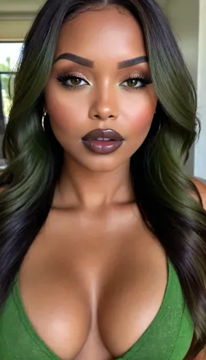 Insanely detailed photo of an 28 years old latin woman, dark skin woman, ((curvy body)), Close-up girl, ((round face)), (((brown skin))), (((full lips))), (((green olive lipstick))), small cute nose, standing, face, (((round medium breasts))), (((straight hair))), (((green olive hair))), (((oiled skin))), (detailed black eyes), (((slut makeup))), round earrings, green necklace, long big thick, (high resolution image), (perfect face), sexy, beauty, (ultra realistic:1.7), (maximum quality:1.5), (high resolution:1.7), (extreme detail:1.5), (ultra realism:1.6), 8k, he, photo was taken by Canon Eos, (maximum detailed skin:1.6), (((I was offended))), melanin, <lora:BUT_SDXL_SHS:.8>, <lora:melanin-XL:2>