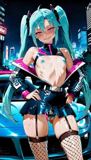 asuna yuki sword art online in a torn, tight racing suit with a matching short pleated skirt, wide open crazy eyes, crazy scary yandere face smile, 'Racing suit' style, standing confidently before a sleek sports car, with a distant cyberpunk city skyline glowing behind her in the dimly lit garage, neon lighting. Long teal twin-tails flowing over her shoulders. The racing outfit is ripped open at the crotch, exposing a thick, full bush of pubic hair and a visible wet pussy. The top is torn, leaving her unrealistically flat chest tits, breasts completely bare with erect nipples. The skirt is pushed up and partially torn, revealing black fishnet stockings ripped, garter straps undone. Edgy goth punk aesthetic, confident and seductive pose—hands on hips, legs slightly spread, head tilted with a playful smirk. Soft blush on cheeks, glossy lighting, reflections from the city lights, gritty garage background fading into a sprawling urban horizon with towering neon skyscrapers. Highly detailed, explicit, uncensored, cinematic composition, ultra high quality, 4k.