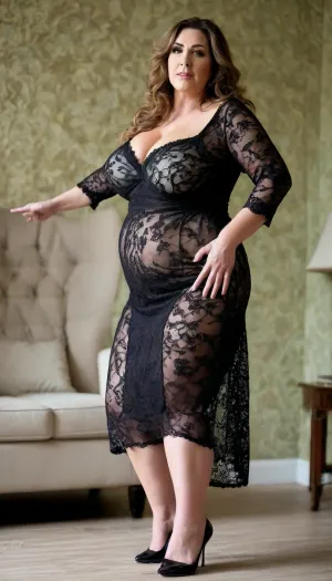 a mature, tall thick voluptuous ssbbw woman aged 50 years, milf, large hips, ((large saggy pear shaped boobs)), large long nipples, wearing a loose lace see through dress, full body image, <lora:Saggo_XL:1.9>, <lora:clothed_small:1.3>