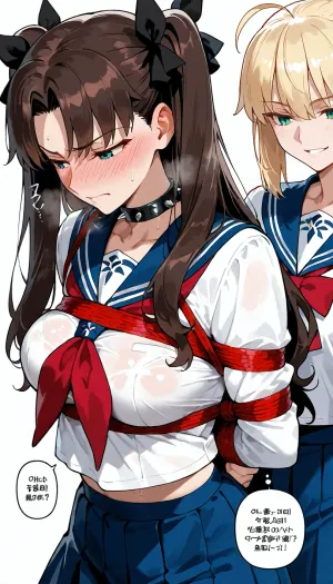 (masterpiece, best quality, manga style), 2girls, artoria_pendragon and a brunette rin_tohsaka from fate/stay_night, rin tied up in a school uniform with ropes, artoria standing behind her holding the ropes, rin blushing heavily, rin with a spiked collar, artoria looking down at rin with a smirk, Japanese manga panel style, text bubbles, white background, explicit, nsfw.