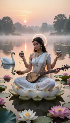 A stunningly beautiful and serene portrait of Saraswati at a tranquil lotus lake during sunrise. She sits gracefully upon a large white lotus floating on still water, surrounded by blooming lotus flowers and soft morning mist. Saraswati is radiant and ethereal, with a serene expression, delicate Indian features, luminous pale complexion, and long dark hair. She wears a graceful white sari with fine gold trim, elegant traditional jewelry, and a gentle glowing halo, representing purity and sattva. Saraswati has four arms, she is holding symbolic objects, a book, a rosary, a water pot, and an ornate veena. A white swan glides across the golden-pink water nearby, reinforcing her sacred symbolism. The rising sun casts warm, soft light across the lake, illuminating the mist, flowers, and reflections. The atmosphere is calm, holy, dreamy, and exquisitely beautiful, emphasizing harmony, purity, and divine feminine grace. Highly detailed, cinematic, painterly realism, Indian mythological beauty, elegant composition, soft color palette of white, gold, blush pink, and pale blue, sacred and timeless mood.