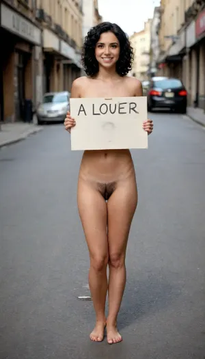 beautiful, smile, full body, natural hairy pussy, natural pubis, full bush, black hair, naked, sad face, holding sign saying, (((à louer))), on the street, PEHoldingSign, <lora:textxl:.5>, <lora:PE_HoldingSign:.8>