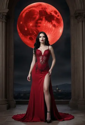 photorealistic adult gothic woman, full body, standing in an ancient gothic cathedral, centered composition, sexy elegant black and crimson gothic gown, fitted lace bodice, long flowing skirt, high thigh slit, long black hair, seductive confident expression, GIANT CRIMSON RED FULL MOON, enormous red lunar disc directly behind the woman, moon centered behind her head and upper body, moon occupying approximately 40 percent of the image, entire circular moon visible, clearly red moon surface with dark lunar craters, dark gothic cathedral, towering arches, candles, dramatic crimson moonlight, cinematic lighting, dark romantic gothic fantasy, highly detailed, <lora:Perfect_Eyes:1.3>