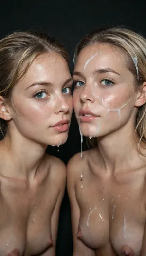 homemade picture, two very cute students, 23 years old petite very tall very skinny girls, very innocent, ((one moroccan amazigh girl and one norwegian blonde girl)), (their faces are covered in thick white cum from multiple facial cumshots), huge amounts of cum on their faces, their mouths are open and full of cum, wet, soaked, wet hair, cum in hair, dark room, extreme detail, Canon EOS 5D Mark II, kodak, flash, photo, <lora:Penis_XL:2>, <lora:sdxl_darkflash_v6-000060:2>