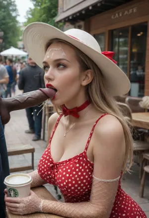 (full clothes 3men, blowbang:1.3), (side view:1.2), Sexy German blonde mature cum whore, ((in polka dot dress)), gold necklace, (blowjob:1.3), sitting at the table, (eyes contact), slutty smirk, half-open mouth, perfect small tongue, (cum dripping from tongue:1.3), perfect 5 fingers, (fishnet thin gloves:1.2), red nails, huge heavy makeup, red lipstick, very good hair, (white sunhat with red bow:1.4), dark skinned African man side standing of woman, full clothed dark skinned man ejaculating sperm into her drinking coffee cup, side view, big ejaculation penis, (man's ejaculation big black penis is located directly above her coffee cup), (cum dripping in coffee cup:1.4), (ejaculation:1.3), (white cum on forehead:1.3), (cum on hair:1.3), (full sperm from man's big penis flows down into the drinking cup with coffee:1.2), (living public cafe outdoor, very much public background:1.4), (queue of many men to whore woman:1.3)