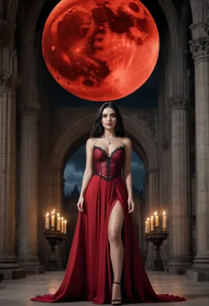 photorealistic adult gothic woman, full body, standing in an ancient gothic cathedral, centered composition, sexy elegant black and crimson gothic gown, fitted lace bodice, long flowing skirt, high thigh slit, long black hair, seductive confident expression, brown eyes focused on viewer, large full breasts, GIANT CRIMSON RED FULL MOON, enormous red lunar disc directly behind the woman, moon centered behind her head and upper body, moon occupying approximately 40 percent of the image, entire circular moon visible, clearly red moon surface with dark lunar craters, dark gothic cathedral, towering arches, candles, dramatic crimson moonlight, cinematic lighting, dark romantic gothic fantasy, highly detailed