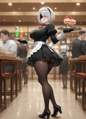 Yorha 2b, (full body, side view), (black blindfold, waitress, standing, serving customers, looking straight ahead, holding_one_serving_tray, drinks, desserts), many customers are sitting in the background talking to each other, (waitress_uniform, skirt, pantyhose, no_hat), (curvaceous, medium sized breasts, fat ass), (club_atmosphere, vibrant_colors, solo_focus), (pink_lipstick, smiling, black_eyeshadow, slight_blush), (shiny_skin, intricate details, depth of field, absurdres)