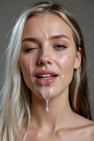 1girl, very tall skinny beautiful Norwegian whiteblonde 23yo girlfriend, solo, cum, realistic, lips, long_hair, brown_hair, facial, looking_at_viewer, nude, half-closed_eyes, cum_in_mouth, cum in eyes, cum dripping from nose and chin, mole, with her face covered in tons of cum