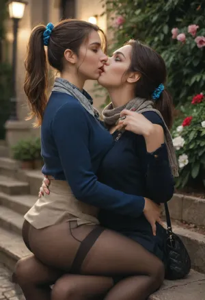 beautiful, gorgeous, 25_year_old, French woman, (Beautiful_French_woman), sitting on a guy's lap, facing the other way, he is hugging her from behind, he is kissing her neck, in the evening, dimmed_lighting, after_sunset, reflective_skin, (wearing a dark blue blouse, scarf, skirt, pantyhose), medium_height, long_hair, dark_hair, velvet_scrunchie, ponytail, blue_eyes, perfect_figure, plump_ass, small_nose, thin_lips, jewelry, flowers, handbag, intense_orgasm, orgasmic_face