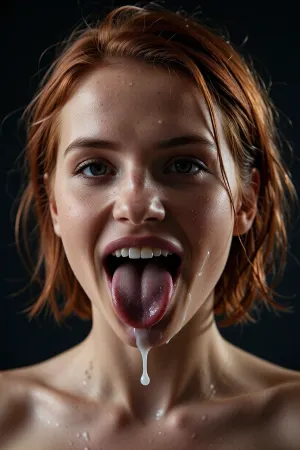 score_9, score_8_up, score_7_up, score_6_up, score_9, score_8_up, poprtrait, tight, orgasm face, horny, sexy, nice white teeth, (dark wet tiny lips), red short messy hair, semen in her tongue, semen dripping, dark background, soft light