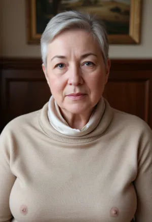 Hyper-realistic portrait of a 75-year-old Caucasian woman, plump build with soft rounded curves, elegant posture. Short grey hair neatly styled just below the ears. Fair skin with visible age spots, deep wrinkles around the eyes and forehead, soft expressive facial features, thin natural lips. Calm, thoughtful light-colored eyes. Wearing luxury casual clothing, a high-quality beige cashmere sweater and a silk scarf. Soft natural lighting, cinematic depth of field, 8k resolution, highly detailed skin texture, photorealistic, sophisticated atmosphere.
Gang bang, 4 Dick, 4 sexy male, deep throat