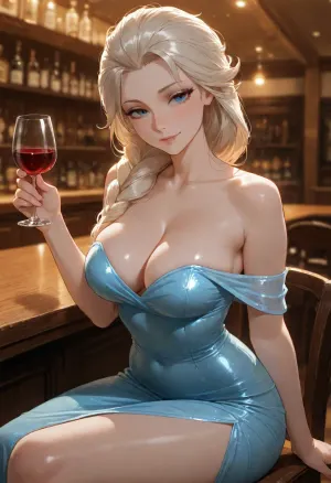 masterpiece, best quality, absurdres, newest, highres, very aesthetic, 1girl, solo, mature female, adult, elsa, (frozen), nsfw, long hair, platinum blonde hair, braid, blue eyes, beautiful detailed eyes, pale skin, medium breasts, slender, elegant, dressed, elegant dress, ice blue dress, off-shoulder, sitting on chair, at bar counter, holding wine glass, red wine, looking at viewer, slight smile, bar, bar counter, indoor, dim lighting, soft lighting, detailed background, depth of field, detailed face, detailed eyes, intricate details, highly detailed
