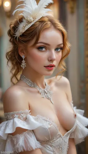 (beautiful Lady at ball), ginger hair, intricate ginger hair style with feather ornament, symmetrical features, fantastic, whimsical, white victorian off of the shoulder dress, elie Saab, iris van herpen, opulent ballroom background, high details on face, karol bak, luis royo, Victo Ngai, Vibrant, Wlop, Kuvshinov, Character Design, TXAA, 32k, Highly Detailed, Dynamic Pose, Intricate Motifs, Organic Tracery, Perfect Composition, Digital Painting, Artstation, Smooth, Sharp Focus, Illustration, hyperdetailed, greg rutkowski, Laura sava, realistic, Hyperrealism, cutout, clothing, nipples, burlesque, dress, woman, small, breasts, medium, large, spreading, legs, creampie, pussy, nude, body, closeup, <lora:MJ52:1.9>, <lora:attractive_notrigger:2>, <lora:2BoutOvalSDXL2-000002:2>, <lora:xl_burlesque_dress-1.0:1.4>, <lora:nsfw-xl-2.0:.8>