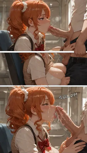 Very skinny woman with huge tits is sitting in a buss seat. Public transportation. Ponytails and frizzy hair. Profile. Sideboobs. Massive cleavage. Curly hair., dressed in a school uniform. The woman is giving a man a blowjob. Make the picture as a page from a comic book., woman, sucking, a, cock, <lora:WTS - WhatTheSuck. - v1:.8>, the man cum all over the woman’s tits.