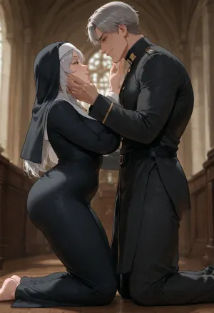 Inside a church. 1 boy 1 girl. A priest and a nun. The nun, (redhead, chubby, sexy, submissive), is kneeling on the floor in front of the priest. The priest, (40 year old, strong, fit, tall, big, handsome, dark grey hair, dominant), is standing up, caressing the nun's face with his thumb in her lips. Nun licks priest thumb. side view. He has a evil smile. She looks aroused. Erotic. Playful. Sexy.