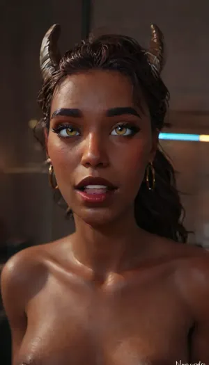 A 3D animated movie scene, cyberpunk theme, night city, (incase style:1.3), (Fortnite:1.5), portrait mode, 1girl, a tiefling woman in her 30s, (mature:1.3), (dark skin color, brown colored skin, ebony skin:2), (slender body), (small breasts, dark nipples), nude, (blue hair, electric blue color, bangs), (massive horns), (happy, laughing), eyeshadow, ((black lipstick)), piercings, ((detailed eyes, blue, glow, vibrant, black sclera:1.5)), long pointy ears, <lora:BUT_SDXL_SHS:.5>, <lora:add-detail-xl:.8>, <lora:LCMTurboMix_Euler_A_fix:2>, <lora:princess_xl_v2:.4>