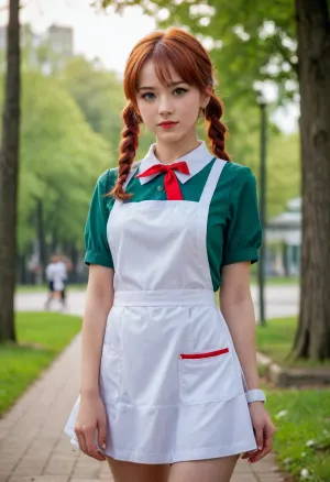 (in the anime style of Makoto Shinkai), a red-haired girl, very pretty, Russian, (in a school uniform from the Soviet era, brown short flared dress, (white school apron with ruffles), (Soviet pioneer red tie), white knee socks, black shoes, school briefcase), (European face, pigtails, freckles, huge slanted green eyes, oriental eyes, plump scarlet lips), walks in the park, low-angle full-body shot, warm neon color grading