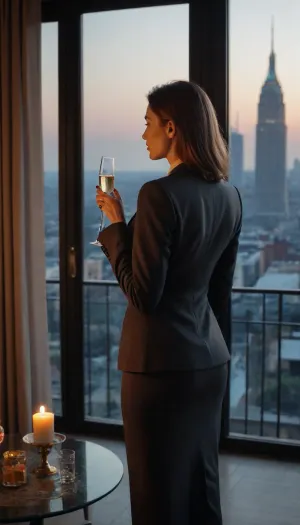 Cinematic still, A gorgeous woman, 30 years old, slender figure, in a suit, standing with her back to the window, an expensive hotel room. Outside the window is the night city, A glass of champagne in one hand, a cigarette in the other. There is fruit and a bottle on the table, candles are burning., smoking, smoke, coming, out, of, the, mouth, <lora:Smoking_Babes_XL_V2:.8>