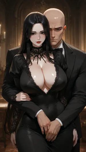 masterpiece, best quality, absurdres, newest, highres, very aesthetic, intricate details, highly detailed, detailed face, detailed eyes, 1girl, 1boy, mature female, adult, mature male, morticia addams, (the addams family), lurch, nsfw, explicit, pale skin, extremely pale skin, porcelain skin, long straight black hair, very long hair, black hair, flowing hair, dark eyes, black eyes, beautiful detailed eyes, sharp elegant features, high cheekbones, red lips, glossy lipstick, long eyelashes, heavy makeup, red nail polish, very long fingernails, slender, elegant, tall, narrow waist, wide hips, large breasts, shiny skin, black dress, tight black dress, form-fitting black gown, classic morticia dress, deep plunging neckline, cleavage, long sleeves, tattered sleeves, fringed hem, tentacle-like hem, tall male, extremely tall, large body, broad shoulders, bald, short hair, thick eyebrows, heavy eyelids, butler uniform, black suit, white shirt, black tie, embracing, hugging from side, arm around waist, hand on crotch, groping, touching penis through clothes, looking at viewer, seductive expression, slight smile, blush, gothic atmosphere, dark mansion interior, antique furniture, candelabra, dim dramatic lighting, rim light, deep shadows, volumetric light, detailed background, depth of field