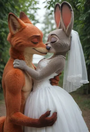(Furry, Judy Hopps from "Zootopia":1.7), (Furry, Nick Wilde from "Zootopia":1.7), ((Disney)), Judy Hopps and Nick Wilde, wedding, wedding dress, kissing, hug, altar.