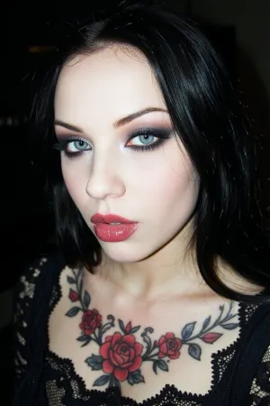(A striking avant-garde snapshot of an eye-catching goth woman celebrating non-conventional beauty:4), A direct, hard camera-flash illuminates her face from close range, creating an overexposed, high-key skin tone against a pitch-black, dark void of a room creating strong contrast and a gritty, grainy film texture. Cool pale blue eyes with sharp limbal rings and reflected catch-lights. She has long glossy black hair.
Plump lips with soft pillow creases with blood red lipstick.
Her large expressive eyes are framed by bold eyeliner and heavy eyeshadow., (Her stern facial features are composed of sharp strong angles, sharp jawline, sharp pointed chin, high chiselled cheekbones, prominent angular nose:2), She wears an ornate lace dress with suggestive cleavage showcasing an intricate chest tattoo of red roses and thorns.
All background detail is swallowed by the darkness.