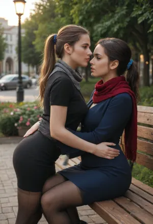 beautiful, gorgeous, 25_year_old, French woman, (Beautiful_French_woman), giving a guy a lap dance, on a public park bench, in the evening, dimmed_lighting, after_sunset, reflective_skin, (wearing a dark blue blouse, scarf, skirt, pantyhose), medium_height, long_hair, dark_hair, velvet_scrunchie, ponytail, blue_eyes, perfect_figure, plump_ass, small_nose, thin_lips, jewelry, flowers, handbag, intense_orgasm, orgasmic_face