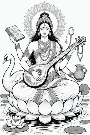 A black and white line drawing depicting Saraswati, the Hindu goddess of wisdom, music, art, and learning. She is portrayed as an extraordinarily beautiful and serene Indian goddess with refined facial features, calm expressive eyes, and long flowing hair rendered through elegant clean linework. She wears an elaborate traditional sari with richly detailed embroidered borders, layered jewelry, bracelets, necklaces, earrings, and a delicate ornamental headdress.

Saraswati has exactly four graceful and anatomically coherent arms. Her four hands hold her traditional symbolic objects, an ancient sacred book, a prayer rosary, a traditional water pot, and an ornate classical veena. The veena rests naturally across her body and is rendered with intricate decorative line detail.

She sits gracefully upon a large blooming lotus. A graceful hamsa swan stands beside her. Around her are lotus flowers, lotus leaves, gentle water ripples, delicate floral ornamentation and an ornate circular halo. Her sari, hair, lotus petals, and veena create an elegant balanced composition.

Pure black and white line art, crisp clean ink lines, sophisticated contour drawing, extremely fine detail, elegant varying line weight, intricate cross-hatching used sparingly for depth, white background, no color, no grayscale painting, no filled black shadows, beautiful illustrative anatomy, highly detailed hands, harmonious sacred composition, refined mythological illustration, suitable for an elaborate graphic novel plate or luxury coloring-book illustration.