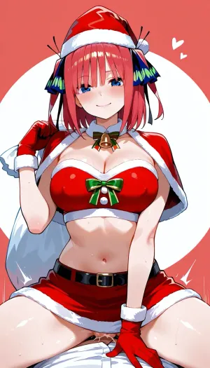 cute, Nino Nakano, posing, christmas hat, christmas skirt, christmas bag on shoulder, gloves, colour background, christmas collar, christmas ribbons, front view, sit, happy, vaginal sex