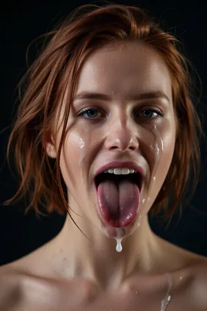score_9, score_8_up, score_7_up, score_6_up, score_9, score_8_up, poprtrait, tight, orgasm face, horny, sexy, nice white teeth, (dark wet tiny lips), red short messy hair, semen in her tongue, semen dripping, dark background, soft light