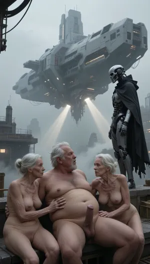 In an outdoor room, an obese old man with a huge belly and disheveled white hair sits on his back. His penis is erect. Two elderly, naked, and stout women, around 90 years old, are also present. Their skin, marked by wrinkles, (small, long, sagging breasts, thin skin), is that of women their age., (One of the women is masturbating the man:3.9), meters tall., cinematic sci-fi concept art, a lone futuristic cyborg figure with a mechanical skull-like mask and a dark tattered cloak standing on a ledge, looking out at a massive colossal monolithic floating spaceship structure, heavy industrial architecture, misty and foggy atmosphere, dramatic light rays beaming from beneath the spaceship, monochromatic color palette with shades of gray and muted highlights, intricate mechanical details, cyberpunk aesthetic, epic scale, hyper-realistic, highly detailed, sharp focus, volumetric lighting, digital painting, trending on ArtStation, style of Simon Stålenhag and H.R. Giger.