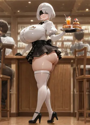 Yorha 2b, (full body, side view), (black blindfold, waitress, standing, serving customers, looking straight ahead, holding_one_serving_tray, drinks, desserts), many customers are sitting in the background talking to each other, (waitress_uniform, skirt, no_hat), (curvaceous, huge breasts, fat ass), (club_atmosphere, vibrant_colors, solo_focus), (pink_lipstick, smiling, black_eyeshadow, slight_blush), (shiny_skin, intricate details, depth of field, absurdres)