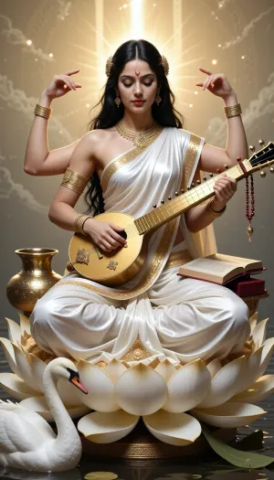 Beautiful Goddess Saraswati with four arms seated on a white lotus, playing a golden veena, wearing a flowing white silk saree with gold borders, long black hair, serene face, holding veena, book, rosary and water pot, white swan beside her, soft divine golden light, ethereal atmosphere, highly detailed, photorealistic, cinematic lighting, masterpiece.
“in the style of classical Indian miniature painting”