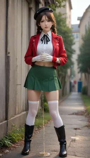 RAW photo, 8k uhd, dslr, soft lighting, high quality, film grain, Fujifilm XT3, intricate details, ultra-detailed, natural skin texture, shiny, best quality, photorealistic, realistic, 1girl, tentacle sex, A beautiful elf in a school uniform lifts her skirt showing a thong, DropPanty, WhiteRealStockings, (peeing:1.5), urinal, piss, drink, chiyo_a, milf, long, hair, low-tied, bangs, large, breasts, beret, black, headwear, red, jacket, neck, ribbon, high, collar, shirt, sleeves, gloves, skirt, boots, footwear, <lora:島田 千代 Chiyo Shimada (Girls und Panzer)_XL:.8>