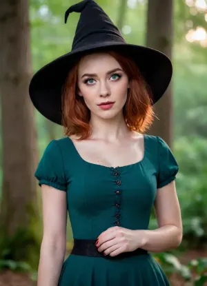 Wizard School, At the forest, (Haze), ((at night)), old wooden witch house, (Young woman:1.5), standing, clothed like a witch, witch hat, old boots, Curvy body, (middle sized boobs), fair skin, snub nose, (droopy eyes), (round face), (view to viewer), ((Cute face)), ((red hair)), (short hair), ((evil view)), evil smile, perfect makeup, ((eyeliner)), ((skin texture)), skin freckles, (skin pores), symmetrical eyes, narrow eyes, wide jaw, dynamic pose, Photography, Ultra quality, moonlight, ((high detailed)), sharp face, spooky colors, DonMN1gh7rXL night, Uhd 8k, high detailed skin, high detailed mouth, high detailed eyes, high detailed iris, high detailed fingers, high detailed fingernails, (manicure), high detailed teeth, high detailed lips, dslr, masterpiece, moolite, <lora:DonMN1gh7rXL-000006:1>, <lora:Portrait_perfection:.8>, green, eyes, blue, brown, perfecteyes, <lora:PerfectEyesXL:.8>